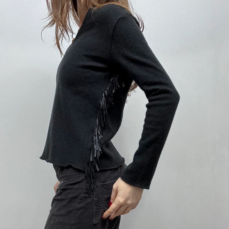 black wool knit fitted tassel jumper