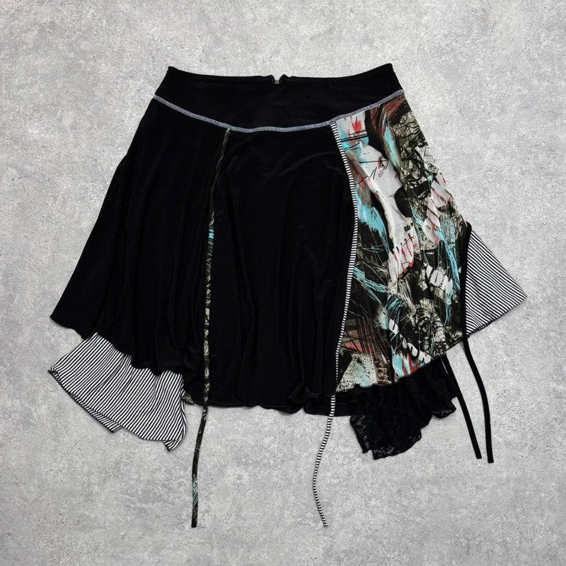 black pinstripe grunge asymmetric midi skirt