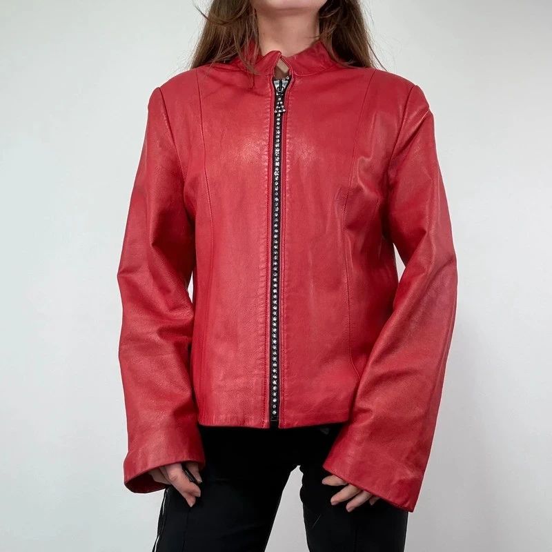 Red Studded Leather zip Jacket