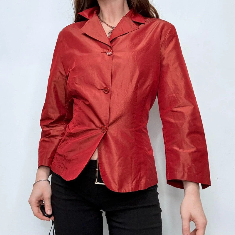 red flared silk shirt