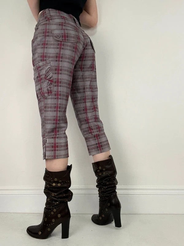 tartan checked red cargo denim capri pants