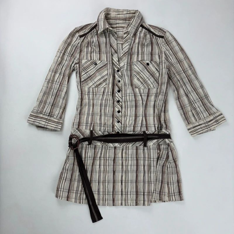 brown pinstripe checked drop waist dress