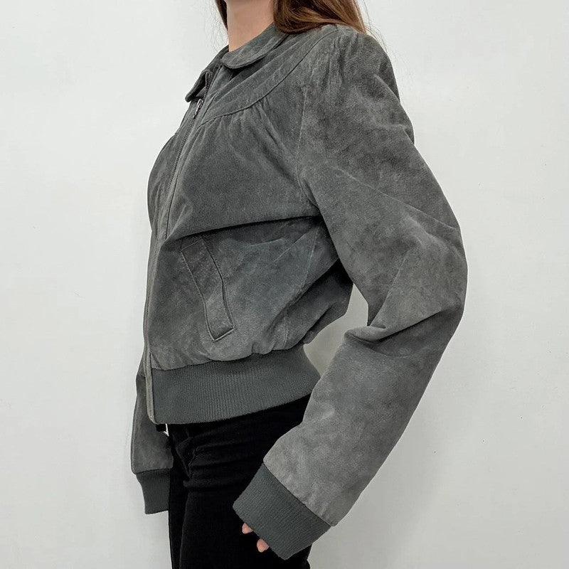 grey suede cropped puff bomber jacket