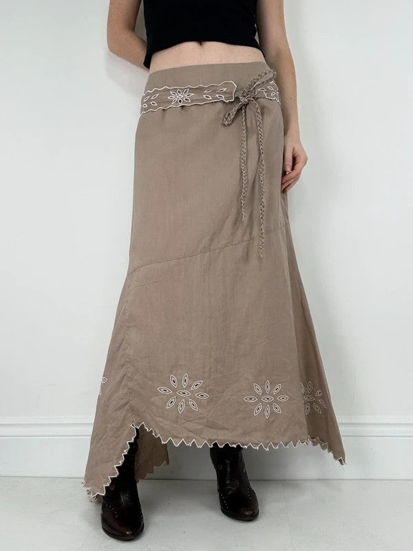 Beige linen boho western asymmetrical flared maxi skirt