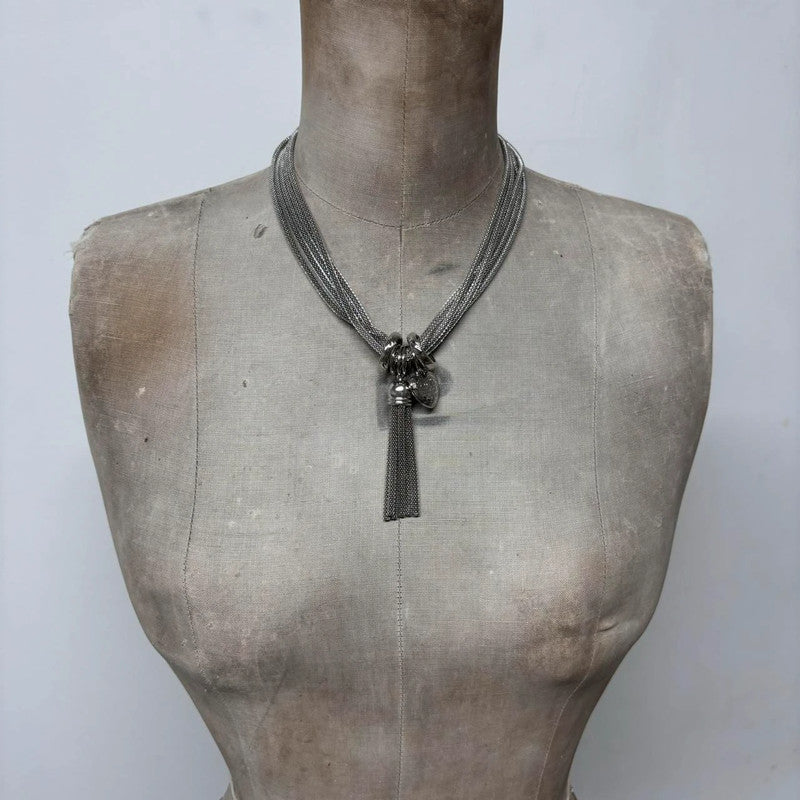 layered chunky silver chain tassle necklace