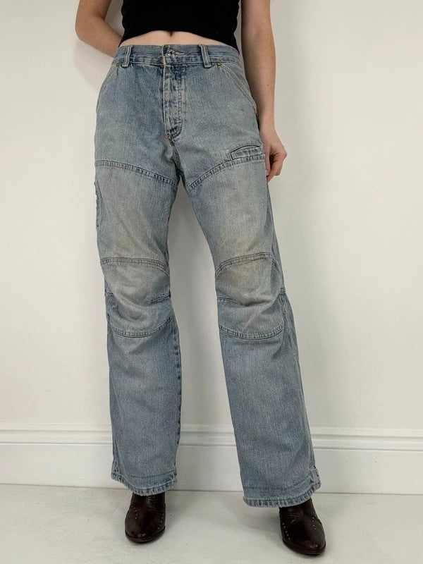 distressed light wash G-star raw cargo flare jeans