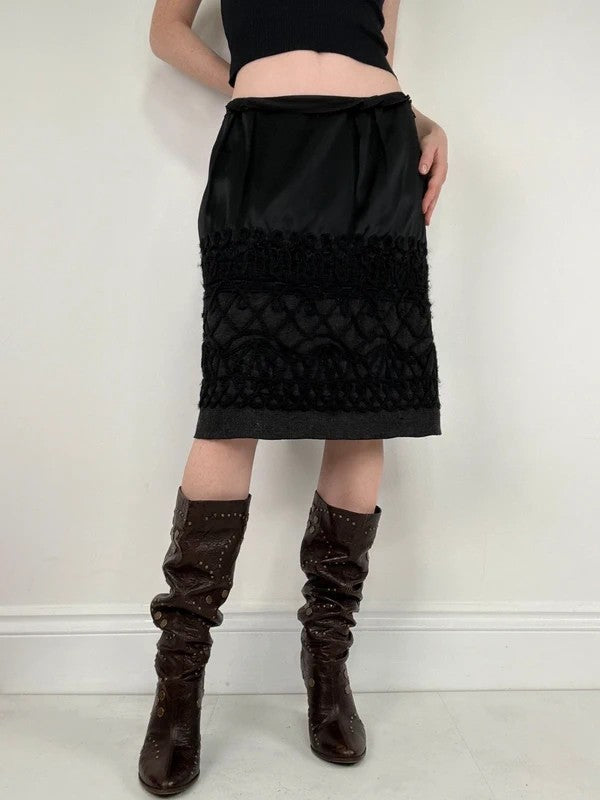 black silk embroidered napoleonic wool midi skirt