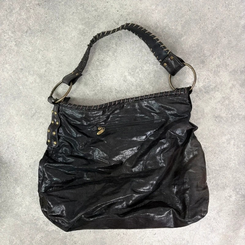 Black studded stitched slouchy shoulder bag