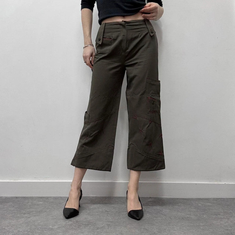khaki cropped cargo wide-leg trousers
