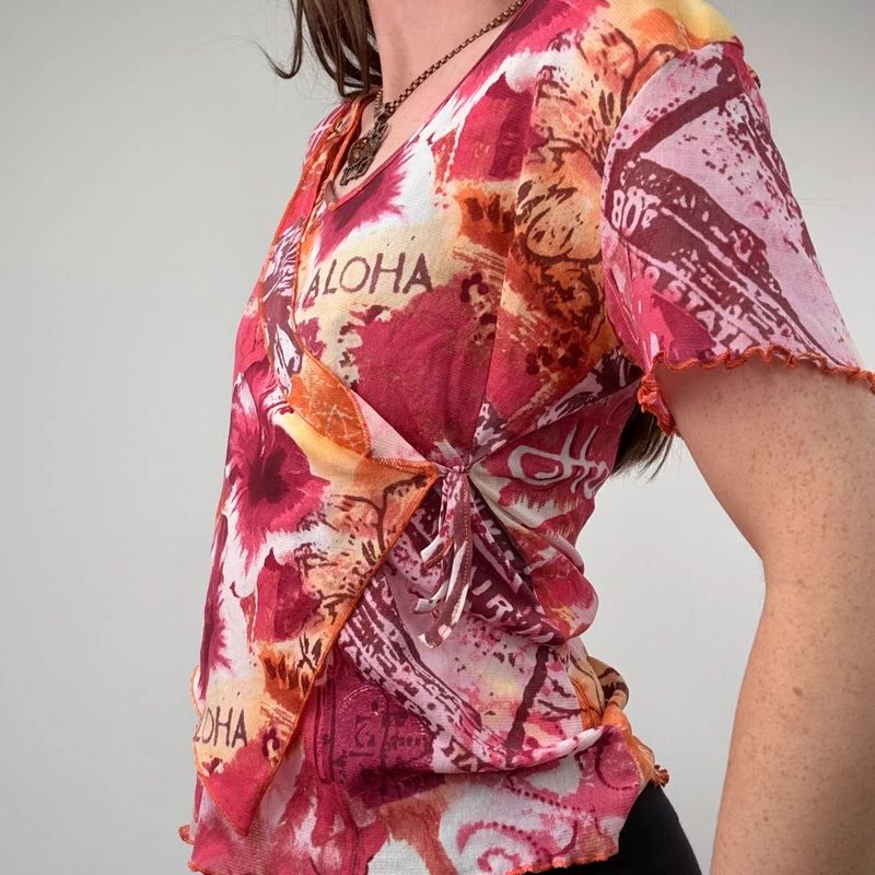 pink hawaiian floral graphic printed mesh top