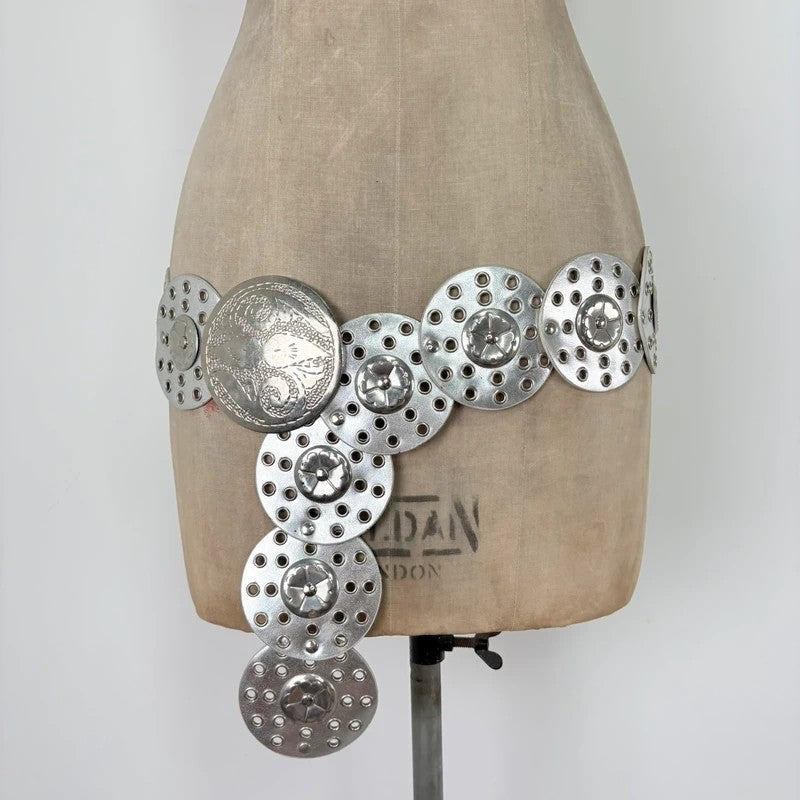 Silver leather studded circle belt