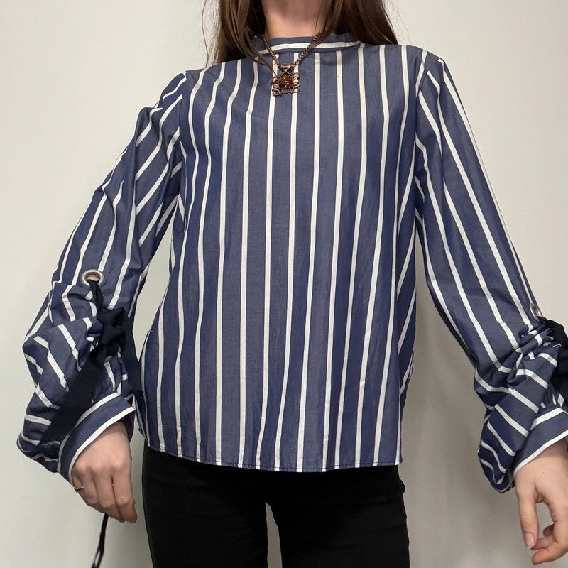 Navy striped balloon puff sleeve shirt