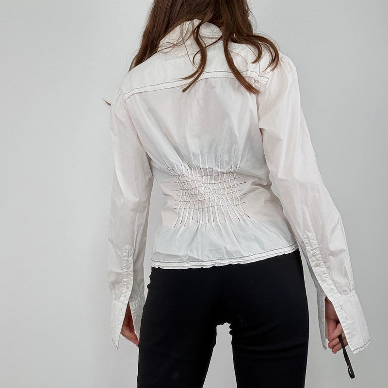 white cinched pleated flared shirt