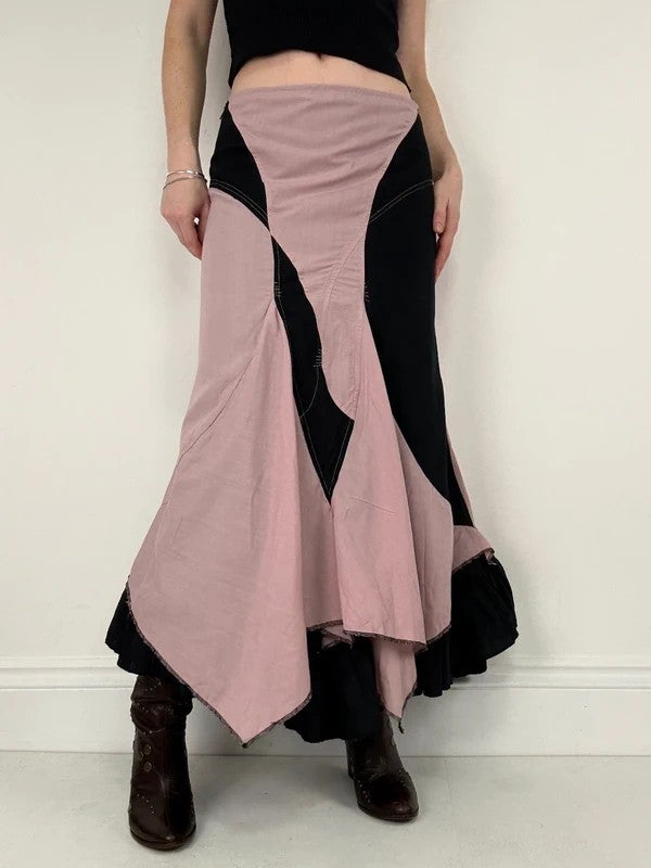 pink and navy gathered asymmetric flared maxi skirt