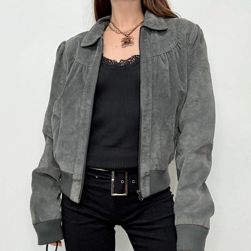 grey suede cropped puff bomber jacket