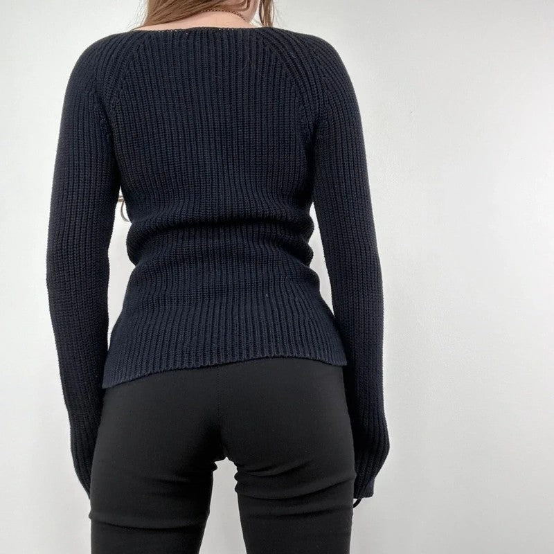 chunky navy knitted slash neck fisherman rib jumper
