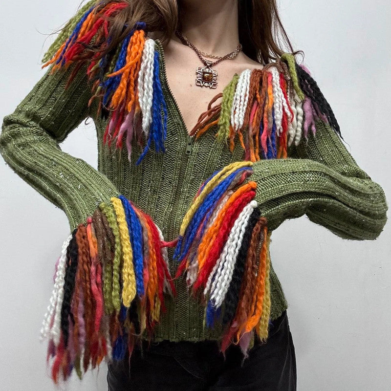 ribbed knit tassel flared cardigan
