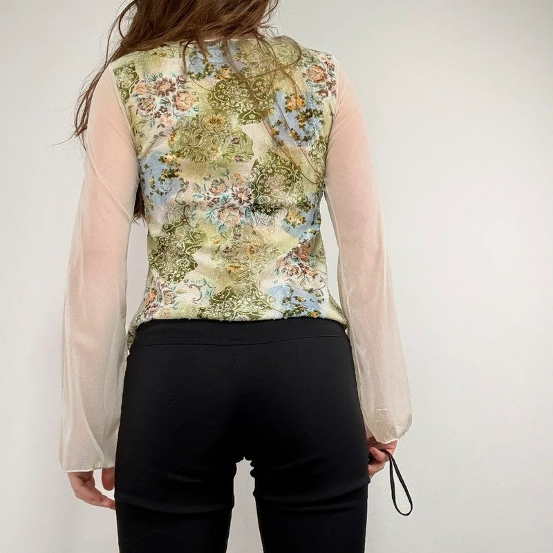 Mesh boho flare paisley print blouse t-shirt