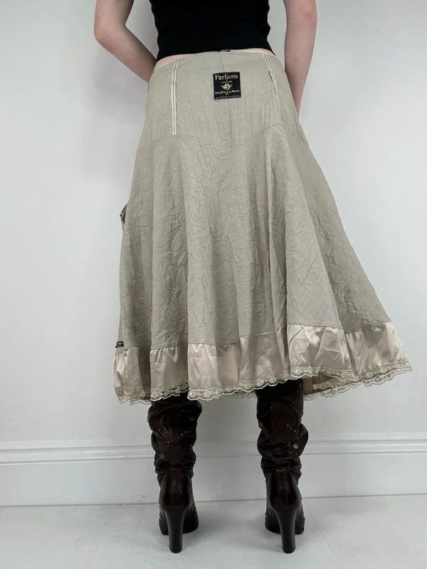 Khaki flared ruffle drop waist midi skirt