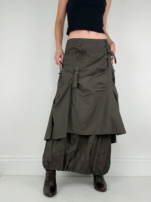 khaki layered tech utility maxi skirt