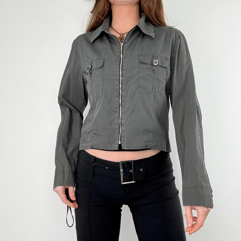 khaki zip through cropped utility jacket