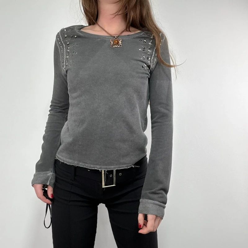 distressed cotton studded cropped sweatshirt