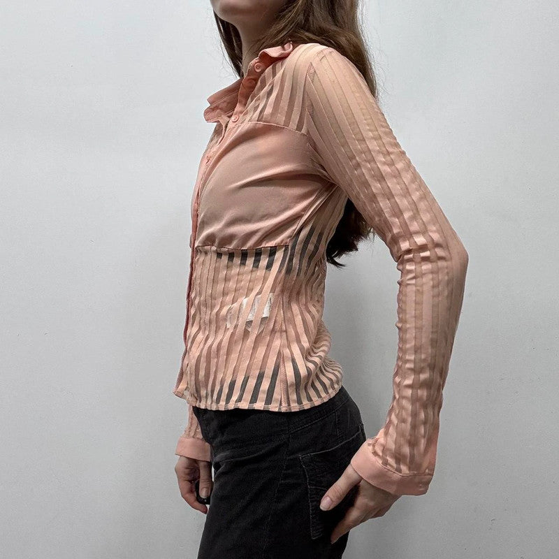 pink mesh pinstripe sheer flared shirt