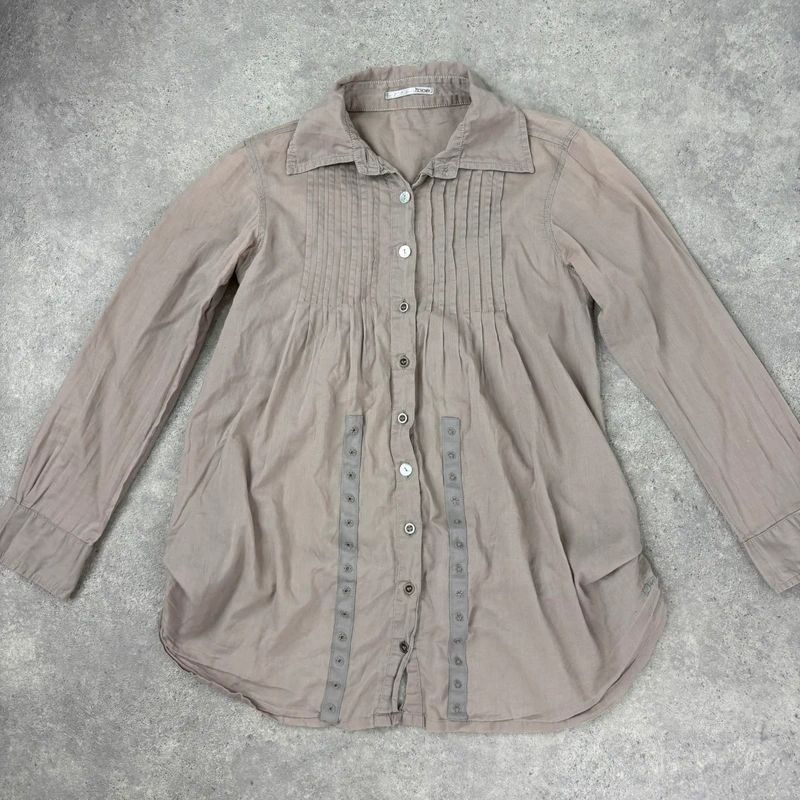 brown pleated flared patchwork button shirt