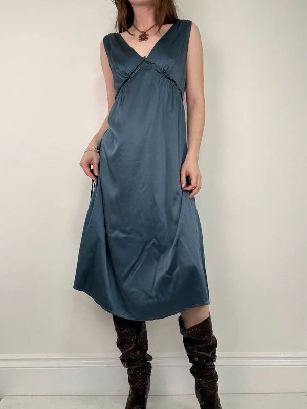 blue silk gathered floaty bias cut midi dress