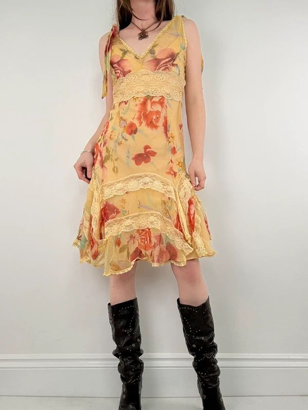Butter yellow summer dress layered floral watercolour