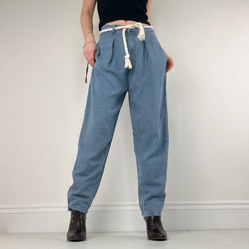 pleated pinstripe barrel trousers