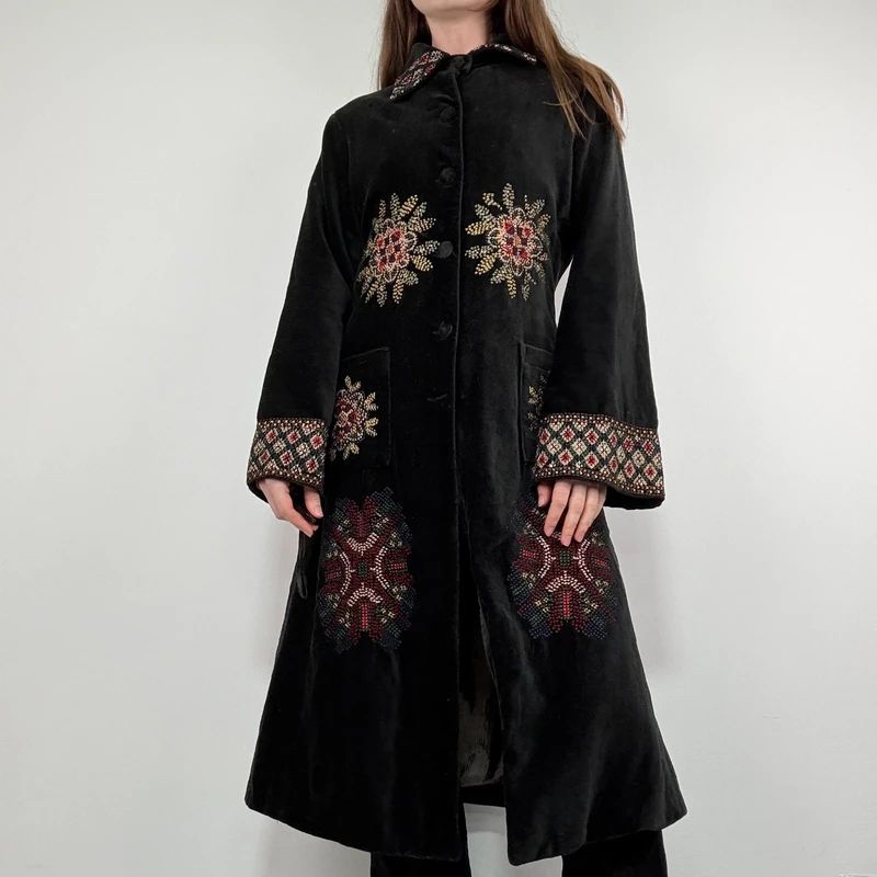 embroidered black velvet longline jacket
