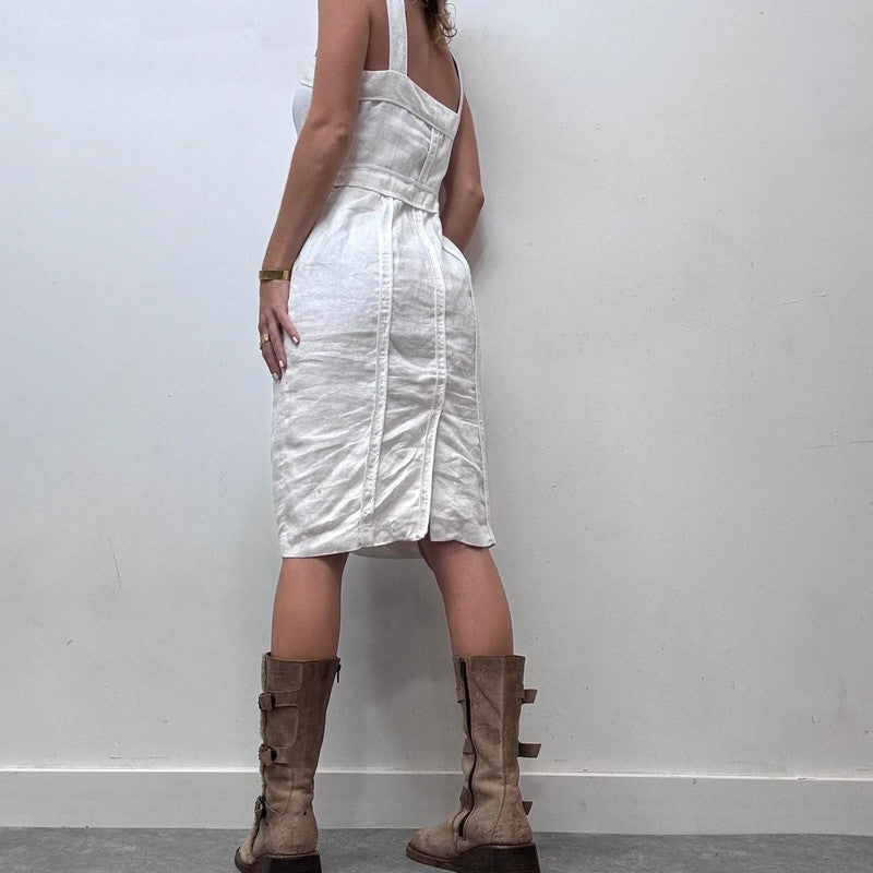 white linen fitted midi dress