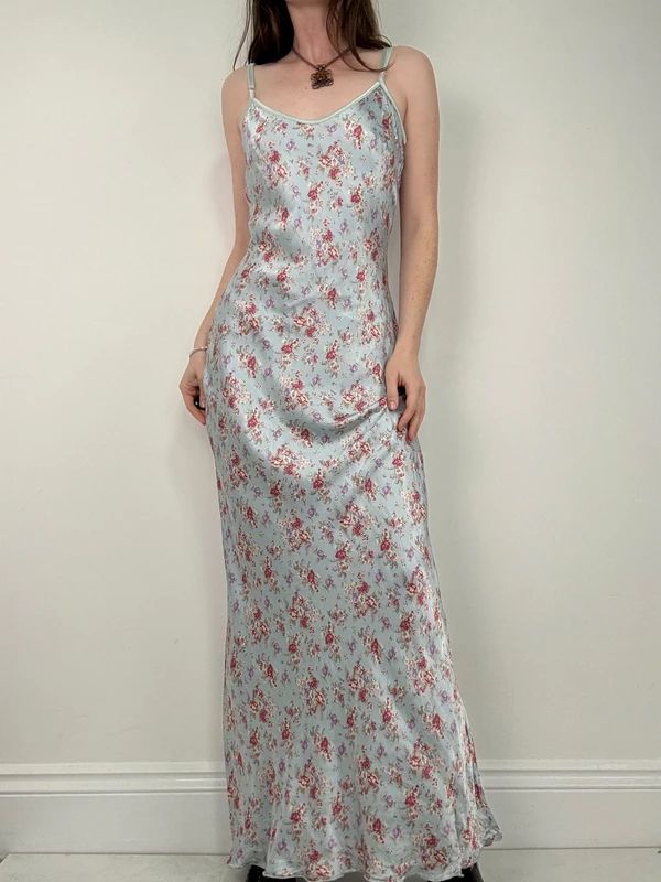 vintage bias cut baby blue floral dress