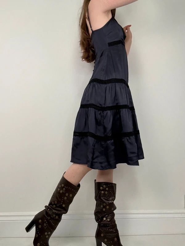 navy and lack lace flared tiered midi dress