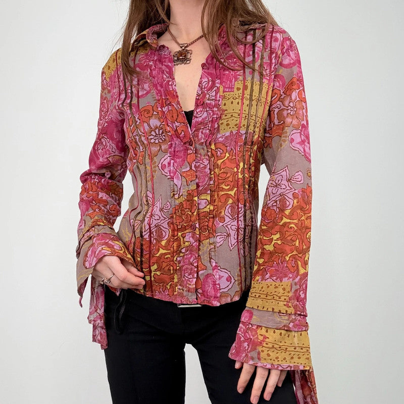 pink and brown floral printed flared shirt