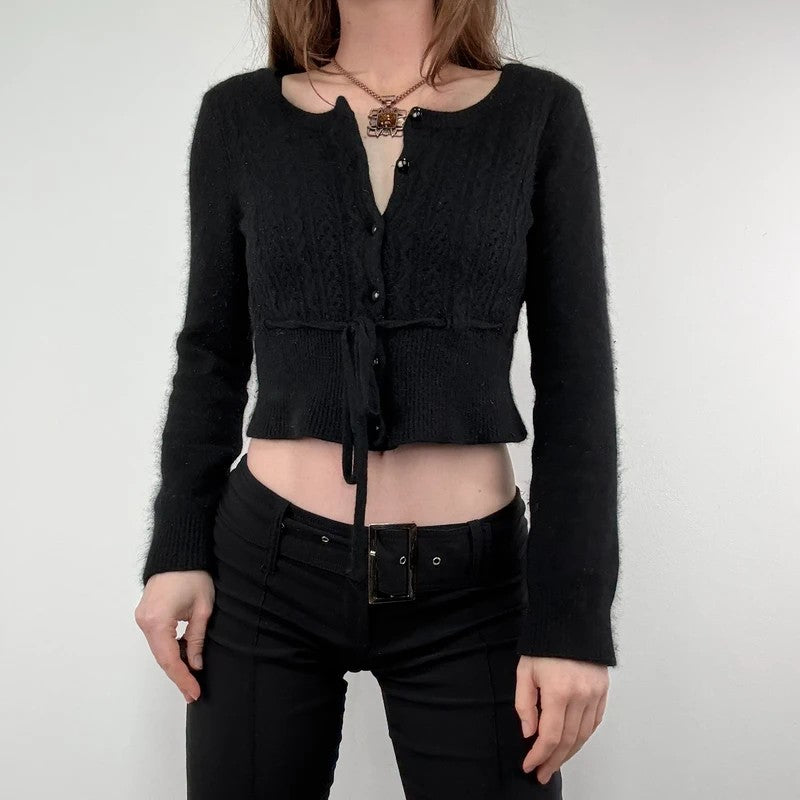 black cropped preppy angora wool cardigan