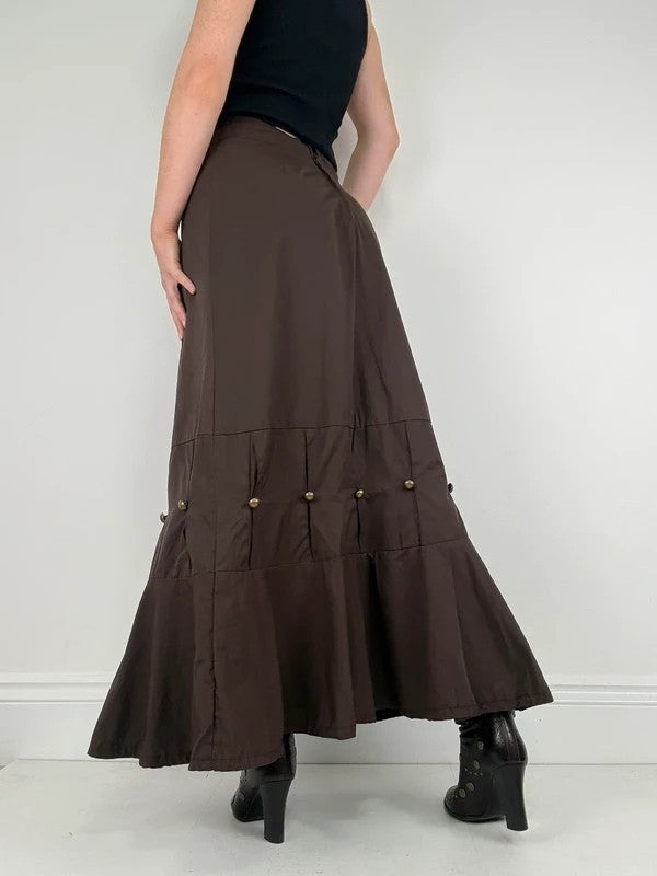 brown flared studded pleated maxi skirt