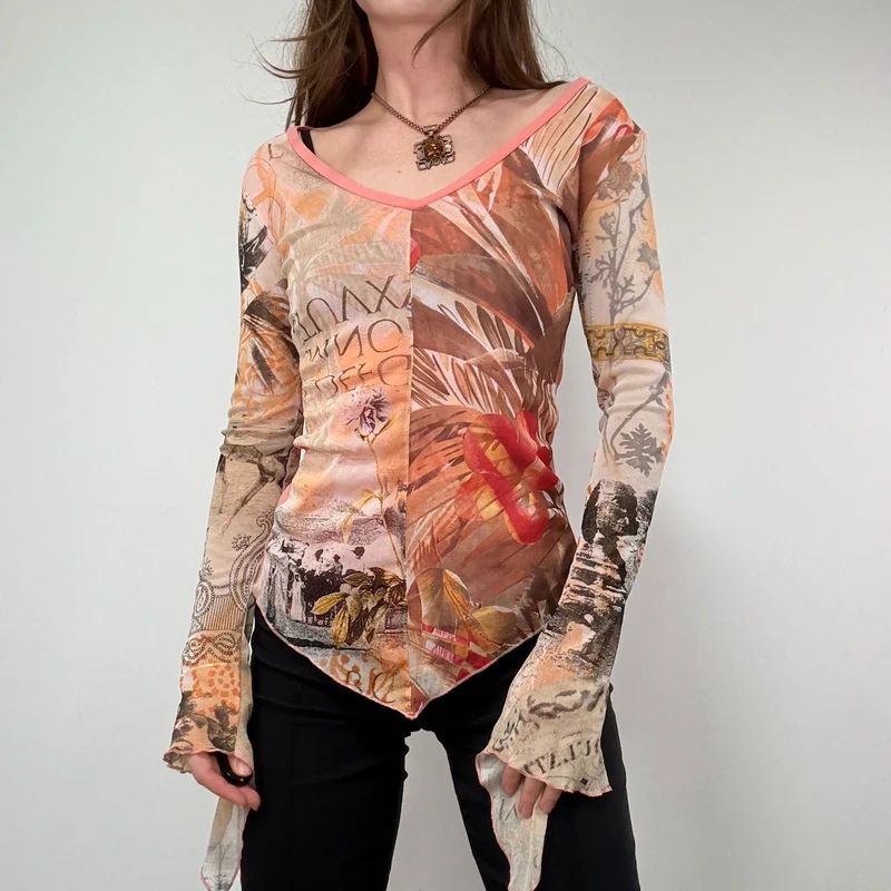 Graphic Mesh Printed Grunge Top