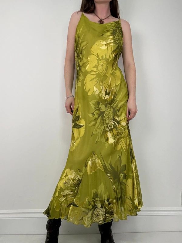 green floral watercolour silk bias cut maxi dress