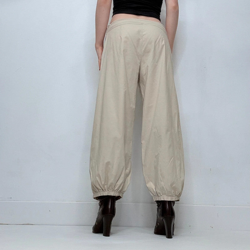 puff pleated barrel leg low rise trousers