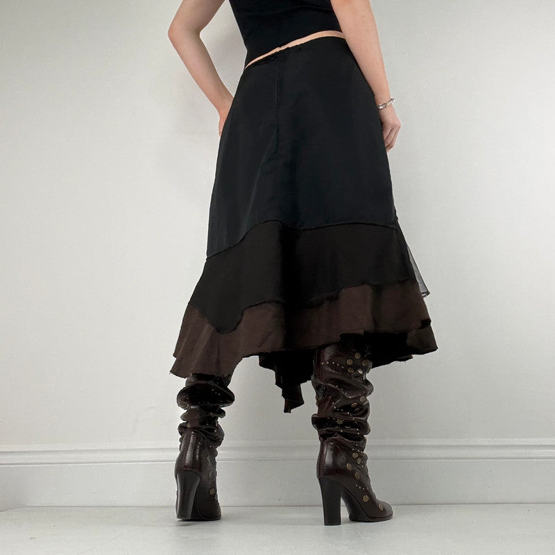 panelled patchwork asymmetric black midi skirt