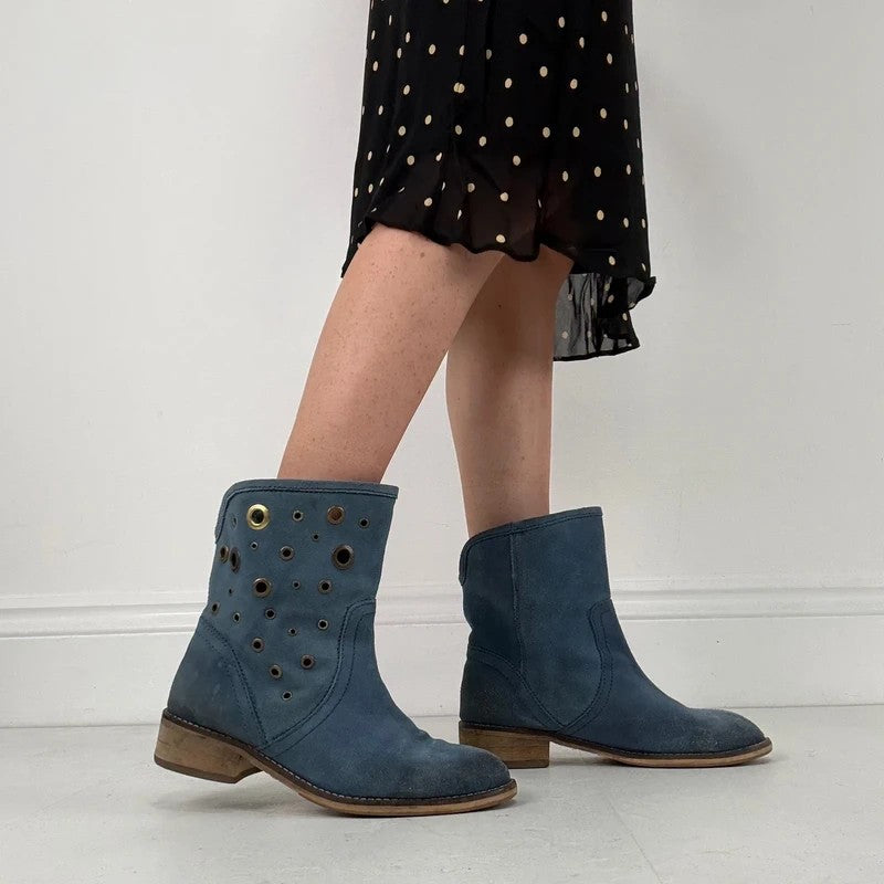 Blue suede studded eyelet ankle boots