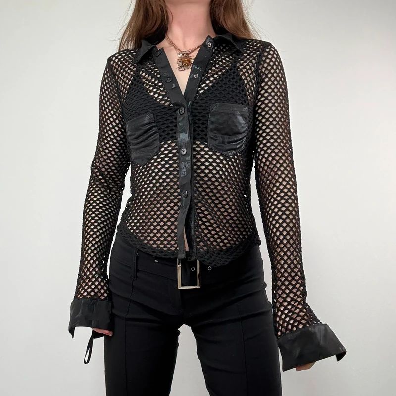 Black fitted Fishnet Mesh Grunge Shirt