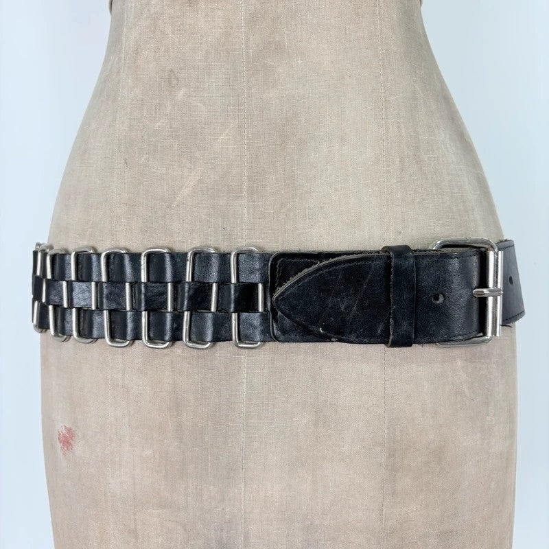 Black leather chunky metal belt