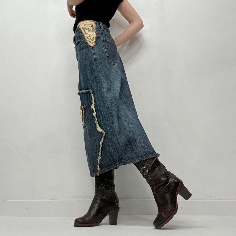 Contrast denim distressed crochet skirt