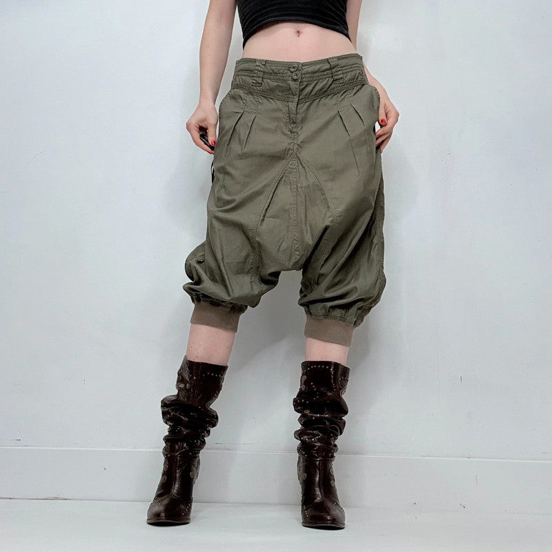 khaki drop crotch pleated balloon capri pants