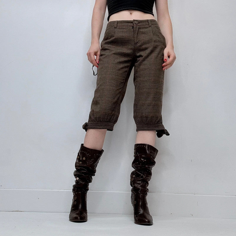 brown tartan preppy cropped puff capri pants