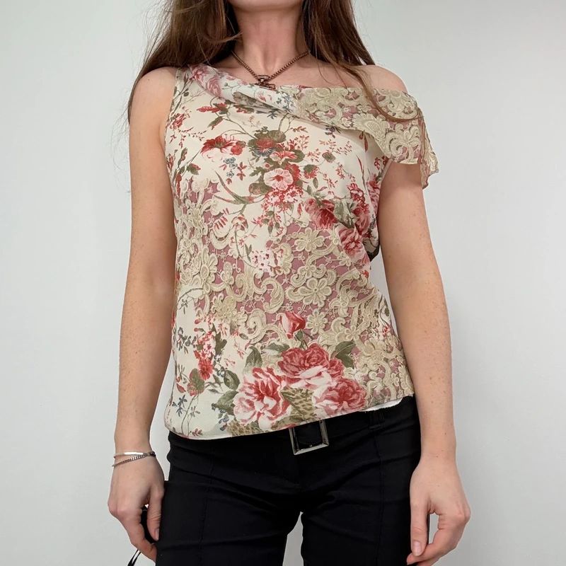 Lace Print cowl neck Drape Vest