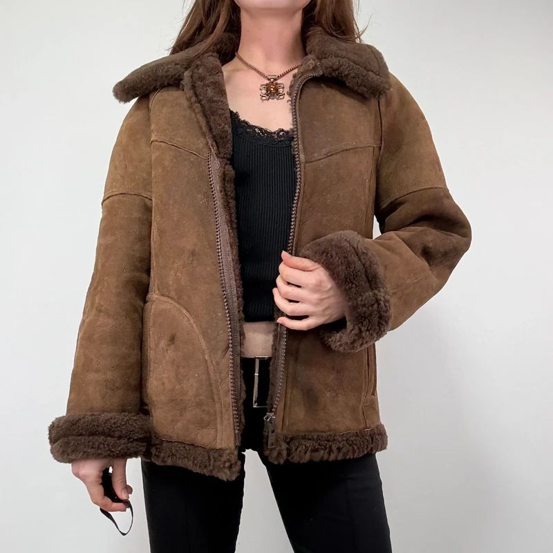 brown shearling aviator vintage jacket with zipper